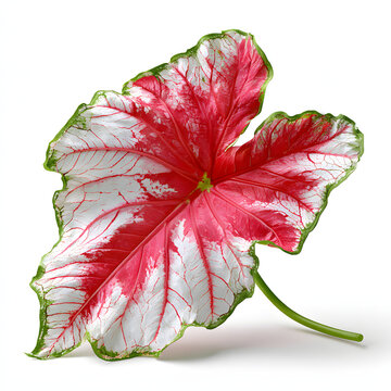 Vibrant Red and White Caladium Leaf with Green Edges Captured on White Background for Nature Lovers