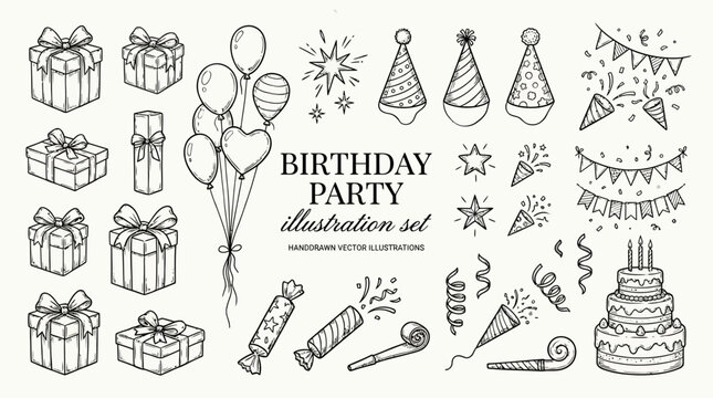 Festive Celebration Graphic Featuring Colorful Birthday Gift Boxes Wrapped with Ribbons Floating Balloons Decorative Party Hats and Vibrant Event Icons for Joyful Anniversary Surprise Greeting
