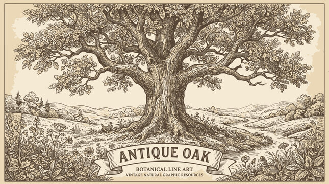 Vintage botanical oak tree engraving illustration featuring intricate woodcut style vector graphic isolated on white background