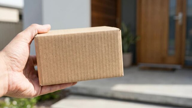 close-up of a hand holding a clean brown cardboard shipping box without logos, labels, or branding