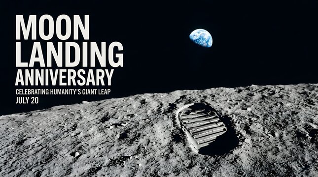 Astronaut footprint on the moon surface with earth in the distance july