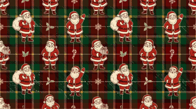 Seamless vector pattern showcasing a charming vintage Santa Claus illustration atop a traditional festive red and green tartan plaid checkered background for Christmas holiday wallpaper design.