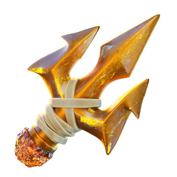 Golden Trident 3D Render Icon, Fantasy Weapon Illustration