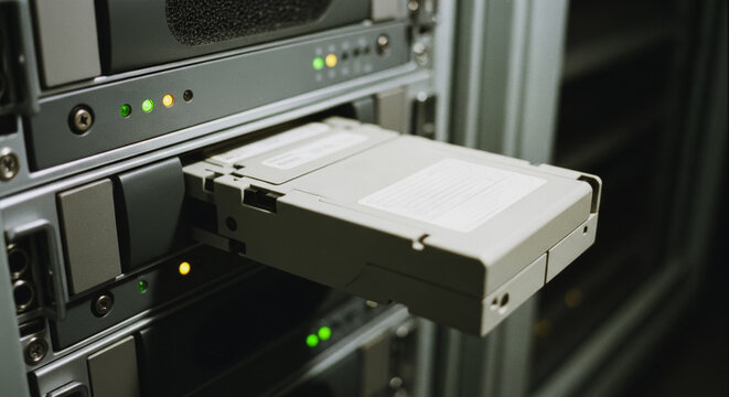 LTO tape cartridge being inserted into a server rack tape drive for enterprise data backup and archival