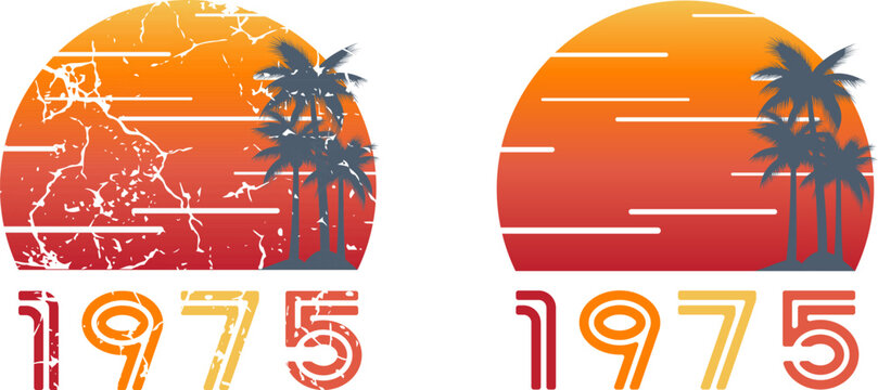 Vintage 1975 retro sunset palm trees vector illustration graphic design print with grunge texture