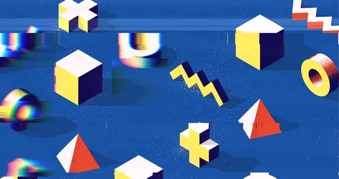Abstract isometric 3D shapes with contrast shadows and dotwork texture on blue background