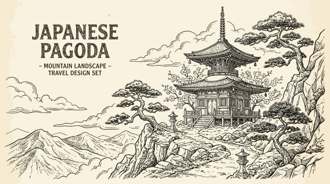 Intricate monochrome line art vector illustration of a Japanese pagoda temple on a mountain landscape with minimalist cloud and pine tree background.