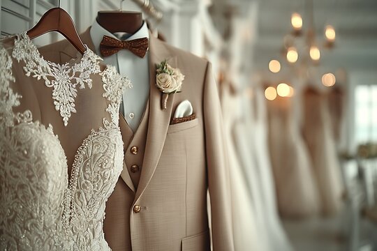 Wedding attire display: bridal gown and groom's suit in a boutique setting wedding dress