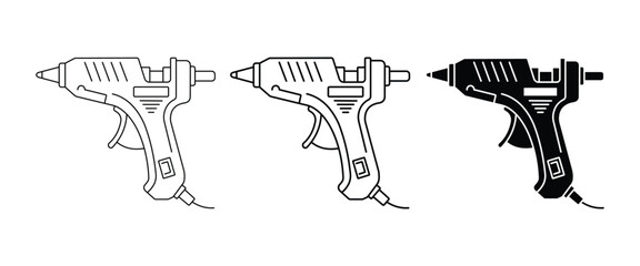 Hot Glue Gun Icon Set – Adhesive Tool, DIY Craft Equipment, Glue Applicator, Workshop Supplies, Outline & Silhouette Vector Collection © Firoz Art Studio99