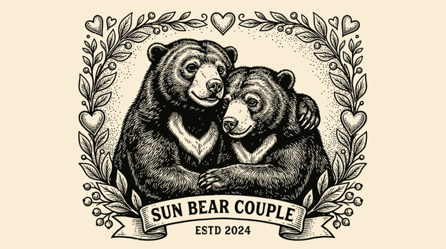 Vintage Woodcut Engraving of Affectionate Sun Bear Couple Cuddling in Wild Forest, Antique Vector Illustration of Pair Embracing in Classic Etched Style, Malayan Honey Bear Wildlife Artwork