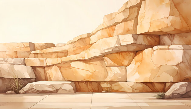 Sandstone rock formation eye-level wide shot background for animation watercolor illustration soft warm daylight on sandy desert ground.