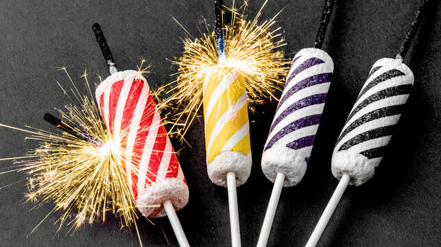 Colorful Sparklers Burning on Black Background with Golden Sparks