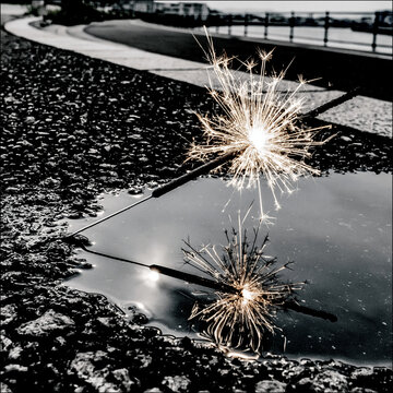 Sparkler Fireworks Over Wet Pavement in Black and White