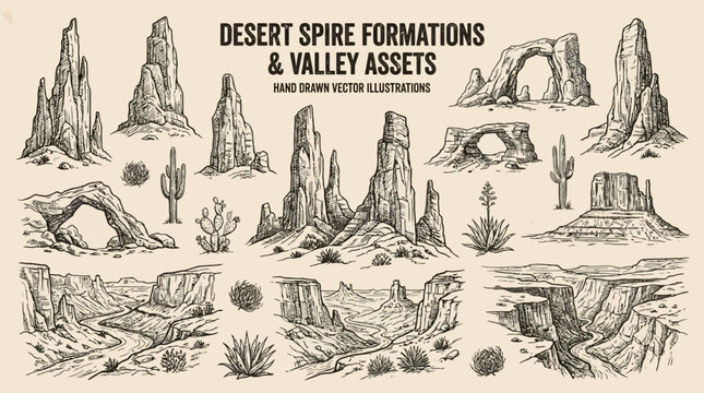 Detailed line art vector illustration of dramatic stone spire formations and ancient rock pinnacles in a rugged mountain landscape with sharp cliffs and vertical geology for coloring book design.