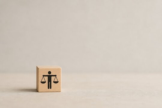 Wooden cube with justice scales icon on light background, minimalist concept