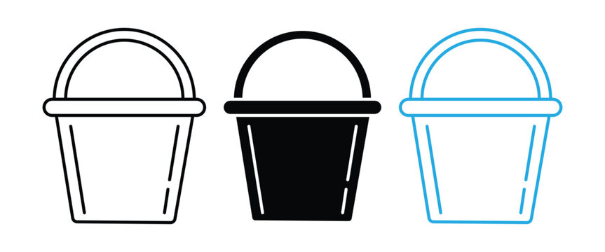 Water Bucket Icon Set &ndash; Cleaning Bucket, Wash Pail, Household Hygiene, Water Container, Outline & Silhouette Vector Collection