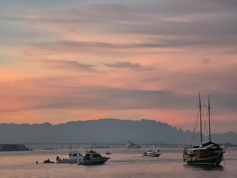 Boats and Rio Niter&oacute;i Bridge at Sunset Seen from Urca, Rio de Janeiro, Brazil