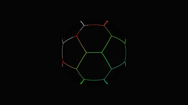 Set of abstract soccer balls with glowing neon outlines isolated on a black background