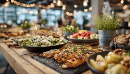 Obraz premium Assorted gourmet dishes including grilled salmon, fresh salads, and vegetables displayed on a wooden table at a festive dining event with ambient lighting