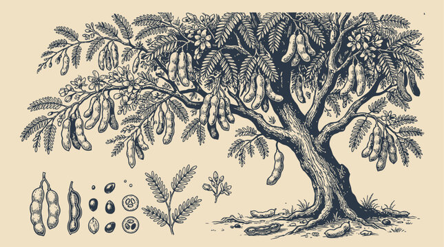 Vintage Antique Engraved Tamarind Tree Landscape Vector Illustration Featuring Detailed Botanical Etching with Intricate Branches and Foliage in Retro Woodcut Style Artistic Nature Scenery