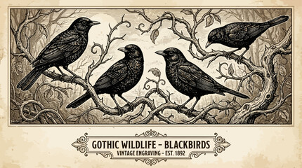 Obraz premium Vintage Raven Engraving Vector Illustration featuring Perched Blackbirds on a Branch, Classic Gothic Crow Artwork, Antique Bird Sketch, Hand Drawn Corvid Design Element for Retro Graphics.