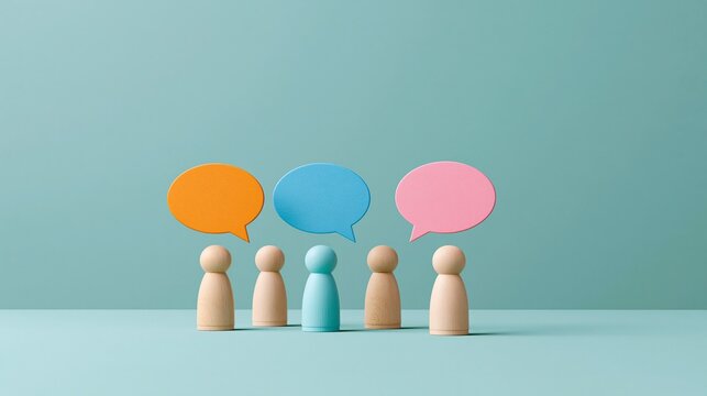 Diverse group of wooden peg dolls with colorful speech bubbles communicate