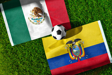 Fototapeta na wymiar Mexico vs Ecuador, national flags before international football tournament Round of 32 match, football on green grass with goal in the background, Mexico City, Mexico, June 30, 2026