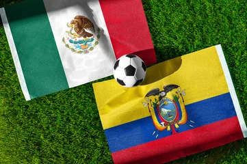 Fototapeten Musik Mexico vs Ecuador, national flags before international football tournament Round of 32 match, football on green grass with goal in the background, Mexico City, Mexico, June 30, 2026  © kovop58