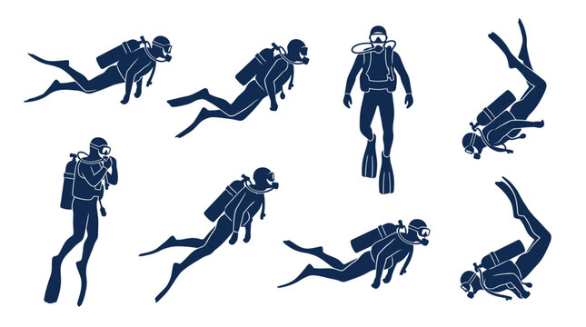 Detailed vector illustration set featuring multiple scuba divers performing various underwater swimming movements and poses