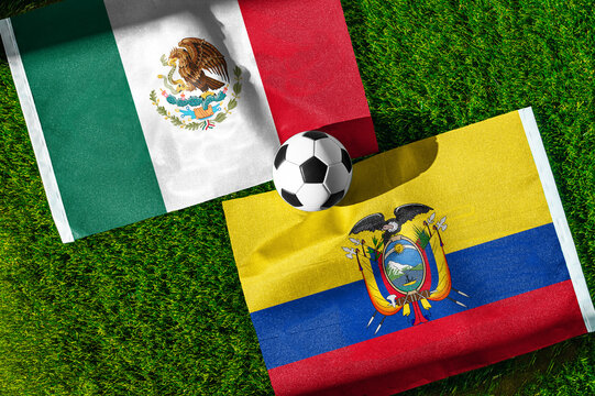 Mexico vs Ecuador, national flags before international football tournament Round of 32 match, football on green grass with goal in the background, Mexico City, Mexico, June 30, 2026