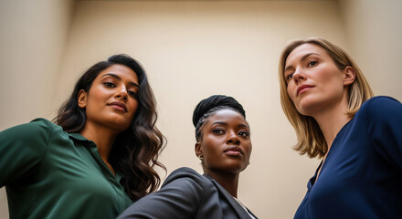 Obraz premium A diverse group of women viewed from a unique low angle, a concept of unity, strength, and looking towards a shared future