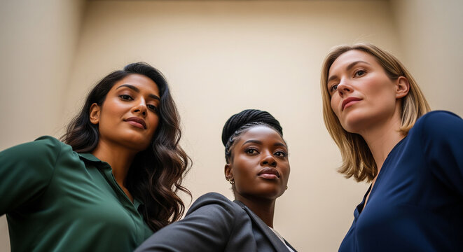A diverse group of women viewed from a unique low angle, a concept of unity, strength, and looking towards a shared future