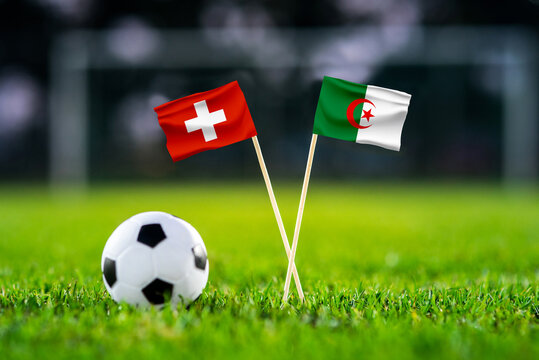 Switzerland vs Algeria, national flags before international football tournament Round of 32 match, football on green grass with goal in the background, Vancouver, British Columbia, Canada, July 2 2026