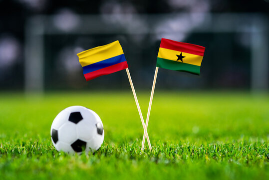 Colombia vs Ghana, national flags before international football tournament Round of 32 match, football on green grass with goal in the background, Kansas City, Missouri, USA, July 3, 2026
