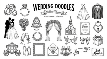 Obraz premium Wedding doodles collection hand-drawn illustration elements, romantic icons for invitations and decorations