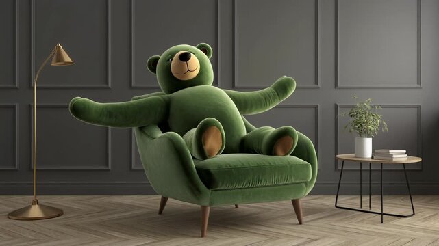 Green velvet armchair with gold floor lamp and side table