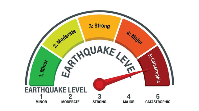 Colorful vector graphic illustration showing an earthquake level gauge with five distinct intensity warning zones