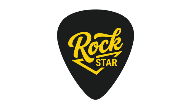 A sleek yellow and black vector illustration featuring a guitar pick with bold lettering design