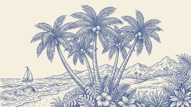 Vintage Engraved Coconut Palm Tree Cluster Vector Illustration Featuring Detailed Tropical Leaves and Exotic Fruit in Classic Botanical Etching Style for Summer Design Elements