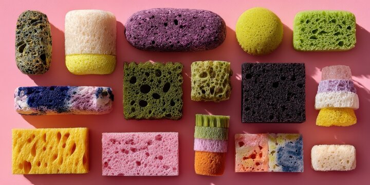 Colorful assortment of various cleaning sponges arranged on a pink background, showcasing different shapes, sizes, and textures for household cleaning purposes