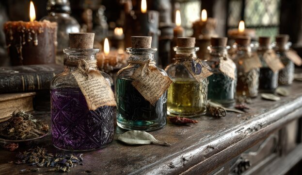 Colorful potion bottles with cork stoppers and handwritten labels arranged on a wooden table, candles flickering in the background, creating a mystical atmosphere