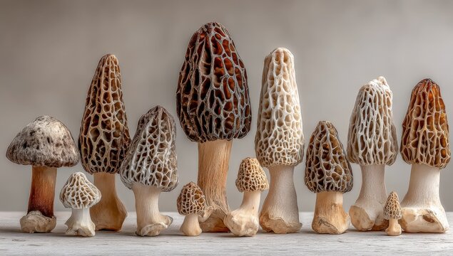 Various types of morel mushrooms displayed on a wooden surface, showcasing distinct shapes, textures, and colors, with a neutral background enhancing their features