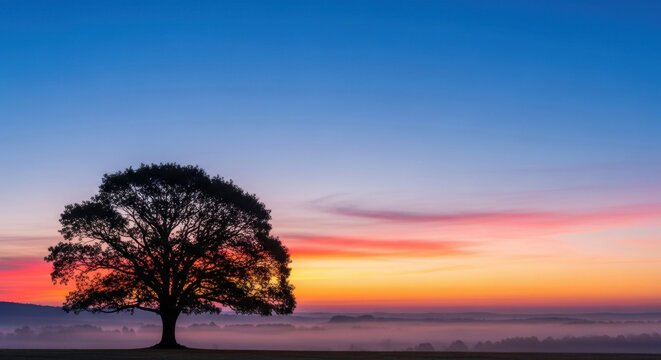 Large lone tree silhouetted against colorful sunrise sky over misty valley meadow filled with soft morning fog during peaceful dawn landscape view.
