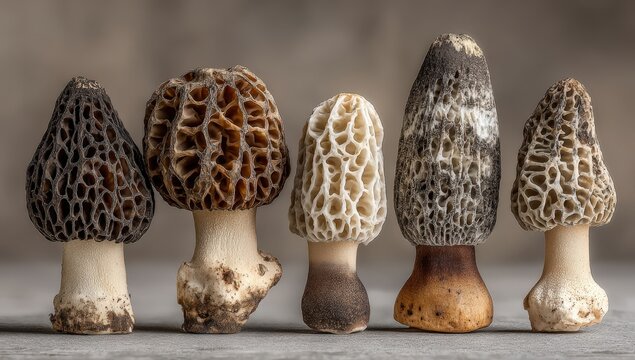 Five varieties of morel mushrooms displayed on a wooden surface showcasing distinct textures and colors, highlighting their unique shapes and features