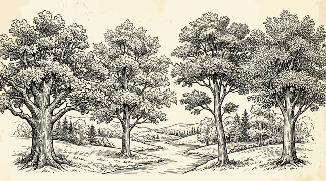 Vintage hand-drawn engraved deciduous tree illustration set against a scenic landscape featuring a mature botanical specimen in a classic woodcut etching style for artistic heritage projects.