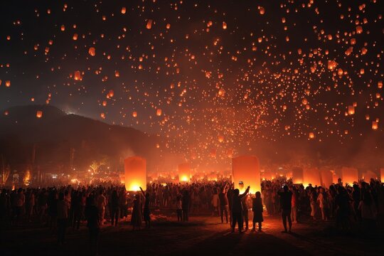 Large crowd of people releasing glowing sky lanterns into the night sky during a festival, with mountains and trees illuminated in the background