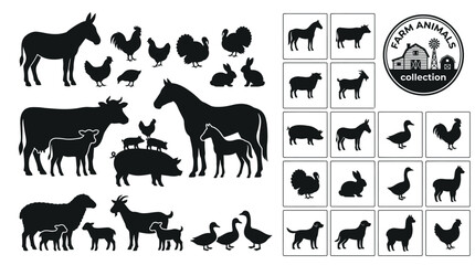 Obraz premium Black silhouette vector illustration featuring a diverse collection of various farm animals and livestock icons