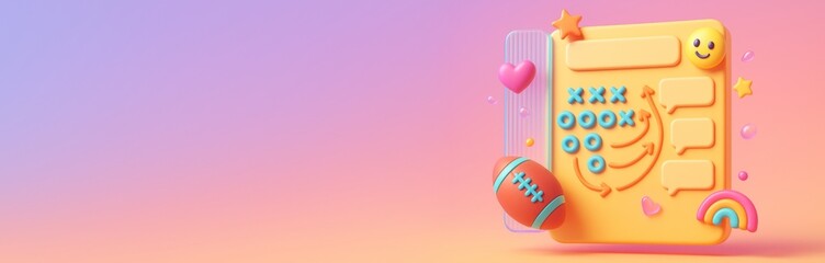 Obraz premium Sport strategy board mockup with football icons and emojis on gradient background for creative poster or banner design with empty copy space. Ai generative