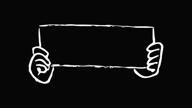 Sketchy cartoon hands holding a white sign board, loop animation vector