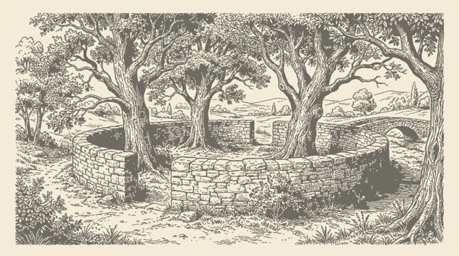 Intricate line art vector illustration depicting a medieval circular stone enclosure or mystical rock ruin surrounded by lush deciduous trees and foliage in a minimalist hand-drawn sketch style.